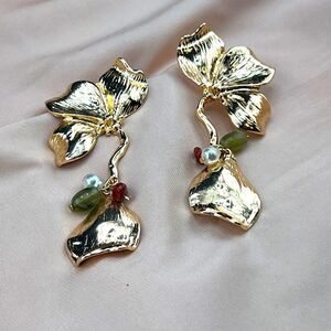 Golden Petal Drop Earrings with Colorful Accents
